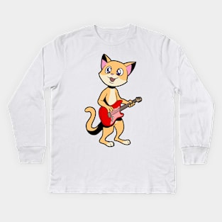 Comic cat playing electric guitar Kids Long Sleeve T-Shirt